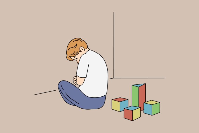 Unhappy,Lonely,Small,Boy,Sitting,Alone,Playing,With,Cube,Toys